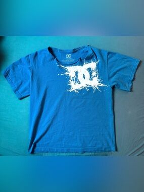 DC Blue Off Shoulder Tee with White Splash Logo
